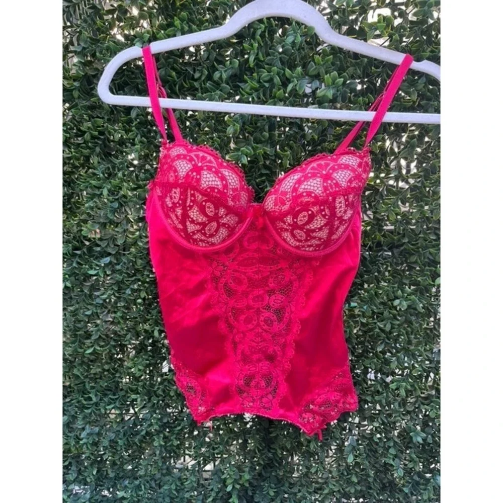 Fredericks of Hollywood Pink Lace Corset Top Lingerie Bustier Magenta Medium